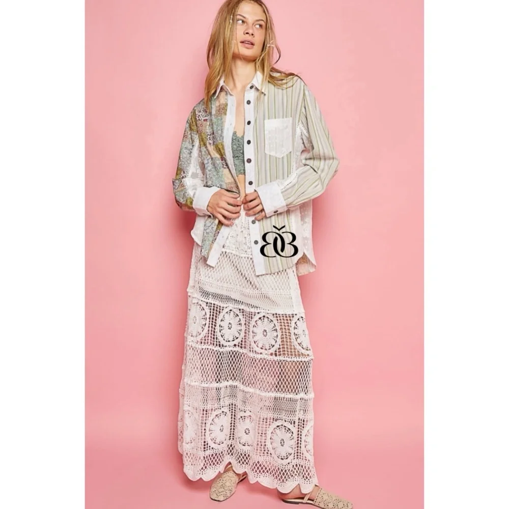 POL Off White Elastic Waist Crochet Flared Maxi Skirt - Picture 8 of 10